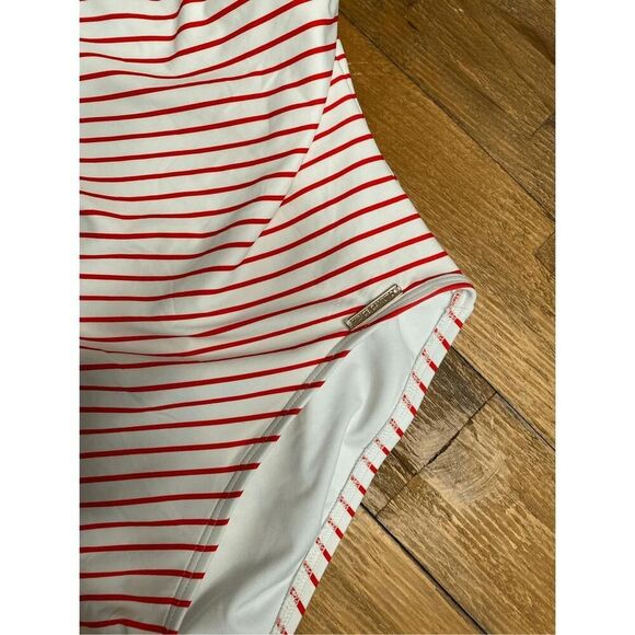 Vince Camuto Swim 8 one piece swimsuit red white striped ruffles off shoulder - Picture 3 of 6